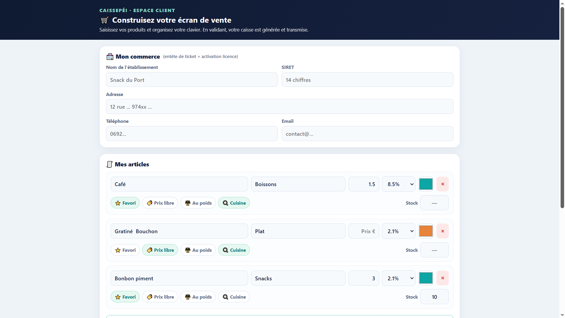 Espace client · construisez votre écran de vente à distance
