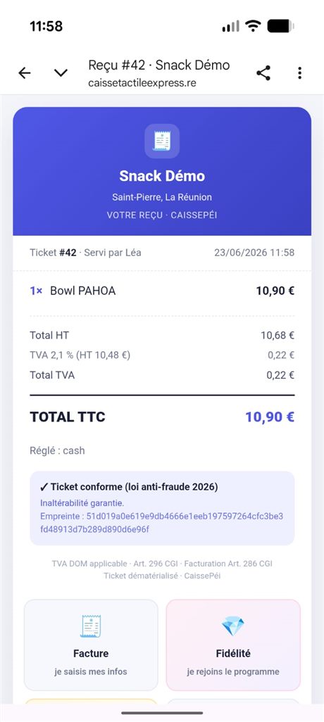 CaissePéi Mobilité 5 CaissePéi Mobilité · Le reçu dématérialisé · conforme 2026